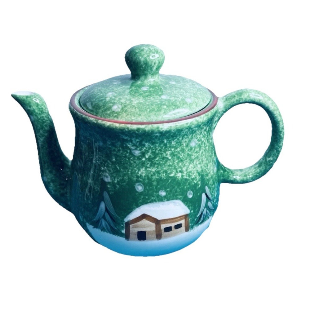 Vintage The Cellar Macy's Log Cabin  Hand Painted Teapot CHRISTMAS